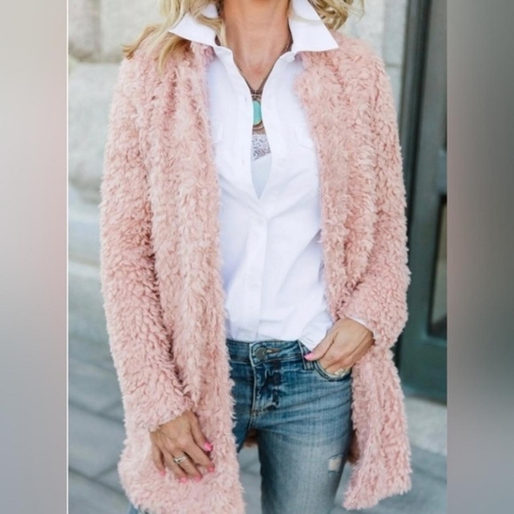 Anthropologie Bishop + Young Teddy Coat Long Fuzzy Blush - Picture 5 of 12